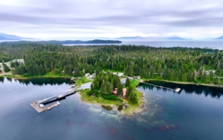 Alaska Fishing Vacation Packages All Inclusive: An aerial view of Favorite Bay Lodge.